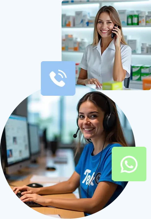 Imagens de atendimento em farmácia e de uma consultora da Tek Software usando headset